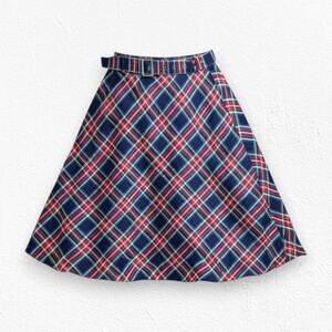 Navy Red Tartan A-Line Midi Skirt Belt Christmas Plaid Schoolcore Size Medium